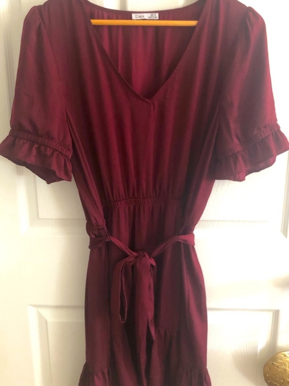 Dex Maroon V-Neck Tie-Waist Midi Dress